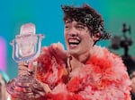 Nemo of Switzerland, who performed the song "The Code," celebrates after winning the grand final of the Eurovision Song Contest in Malmo, Sweden, on Saturday.