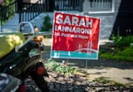 A yard sign for Portland mayoral candidate Sarah Iannarone sits in front of a house in the Southeast Portland, Ore., neighborhood of Brooklyn on Monday, April 20, 2020.