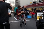 A pro-Trump caravan winds its way through downtown Portland clashing with counterprotesters on August 30, 2020. Towards the end of the caravan, a man who was believed to be associated with the caravan was shot and killed.