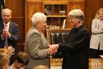 Bev Clarno is sworn in as Oregon secretary of state by Oregon Supreme Court Chief Justice Martha L. Walters in the governor's ceremonial office at the Capitol in Salem, Ore., Wednesday, April 4, 2019.