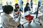 People sit at a table putting vaccine fluid in syringes