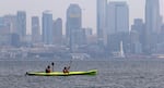 Paddle borders on a body of water in Seattle, Washington.