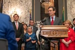 Gov. Bob Ferguson speaks to press in Olympia Tuesday, Aug. 19, in response to a letter from U.S. Attorney General Pam Bondi.