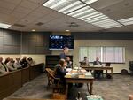 Mark Lamb, the attorney for four eastern Washington sheriffs, speaks in Thurston County Superior Court against a new law setting heightened eligibility standards for sheriffs as several county sheriffs observe on Wednesday, April 29, 2026.
