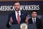 Vice President JD Vance speaks as Labor Secretary Keith Sonderling listens during a news conference on the Fraud Task Force inside the Eisenhower Executive Office Building on the White House campus, Thursday, Oct. 8, 2026, in Washington.