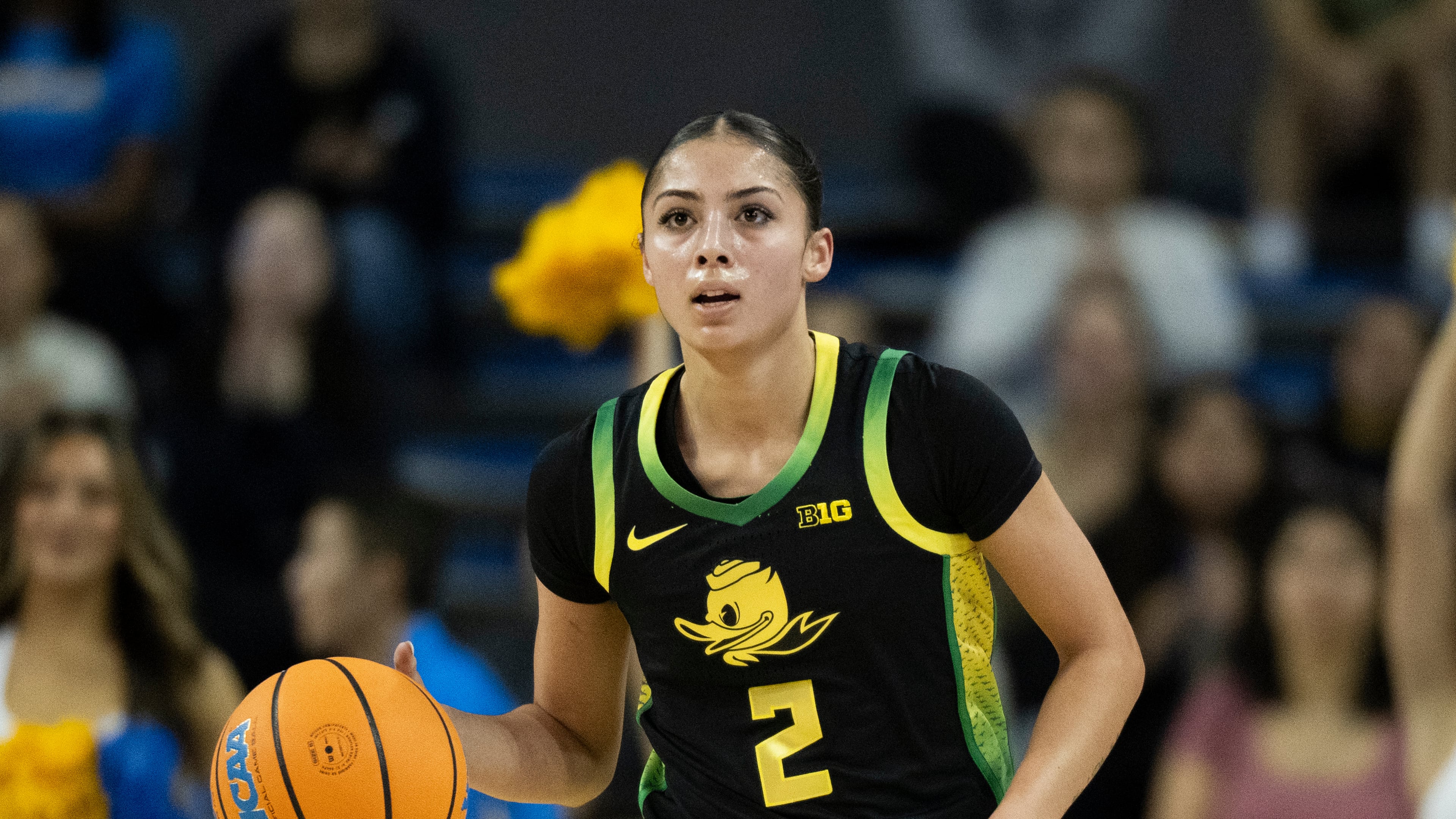 FILE - Oregon guard Katie Fiso, shown in this Dec. 7, 2025 file photo against UCLA, led the Ducks with 24 points and helped fuel an 11-2 run to start the second half. That run put the Ducks back in the game but it wasn't enough in the end.