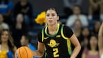 FILE - Oregon guard Katie Fiso, shown in this Dec. 7, 2025 file photo against UCLA, led the Ducks with 24 points and helped fuel an 11-2 run to start the second half. That run put the Ducks back in the game but it wasn't enough in the end.
