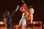 Linda Lampenius and Pete Parkkonen from Finland perform the song "Liekinheitin" during the first semifinal of the 70th Eurovision Song Contest in Vienna, Austria, Tuesday, May 12, 2026.