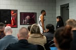 Portland Trail Blazers shooting guard Shaedon Sharpe, who is injured, leaves a press conference using crutches at the Portland Trail Blazers Media Day at the Moda Center in Portland, Ore., on Sept. 28, 2026.
