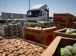 A truck from Gaza arrives on the Israeli side of the border crossing to be loaded with food before returning to Gaza. The territory faces critical shortages of food, medicine and other basic goods due to the war that's now in its 10th month. 