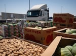 A truck from Gaza arrives on the Israeli side of the border crossing to be loaded with food before returning to Gaza. The territory faces critical shortages of food, medicine and other basic goods due to the war that's now in its 10th month.