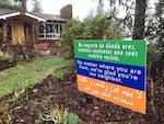 FILE - A welcome sign in three languages is displayed in a yard in Salem, Ore., Feb. 23, 2017.