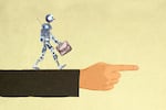 This illustration shows a humanoid robot carrying a briefcase while walking along a large pointing arm.