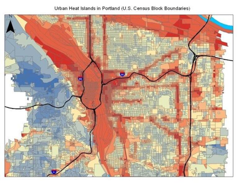 A heat island map of the Portland metropolitan area shows summer temperatures are higher downtown and along major roadways than in the shadier areas such as the 5,100-acre Forest Park.