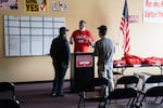 A UAW organizer speaks to Mercedes-Benz employees at the local union hall in Coaling, Ala.