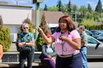 U.S. Rep. Janelle Bynum, D-Oregon, speaks with constituents in Silverton.