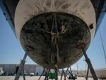 A picture taken on May 31 shows the rudder of a vessel damaged by killer whales (Orcinus orca) while sailing in the Strait of Gibraltar and taken for repairs at the Pecci Shipyards in Barbate, near Cadiz, southern Spain.