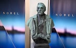 A bust of Swedish chemist, inventor and businessman Alfred Nobel, founder and namesake of the Nobel Prizes, is pictured on October 6, 2025 at the Karolinska Institute in Stockholm, Sweden.