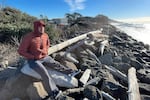 Ryan Hendricks, who is a member of the Quinault Tribal Council, sits on a driftwood log on the Taholah, Washington, seawall. The coastal tribe is working to move its villages away from the rising waters of the Pacific Ocean and its tsunamis.