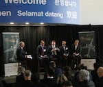 A panel discussion at Thursday’s launch event for the Cascadia Sustainable Aviation Accelerator featured, from right, Port of Seattle Executive Director Steve Metruck, Amazon senior manager Guy Palumbo, Boeing Machinists union president Jon Holden and SkyNRG Senior Adviser Andy Billig. Moderator Tim Zenk, at left.