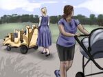 This illustration shows a woman pushing a baby in a stroller in the foreground as she looks back at another woman pushing a wagon with at least five young children.
