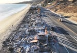 An aerial view of beachfront homes that burned in the Palisades Fire in Malibu, Calif. on Jan. 15, 2025. Pro-Kremlin social media accounts have spread baseless claims that Ukrainian military officials owned mansions that were destroyed in the fires that swept the Los Angeles region.