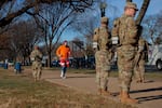 Members of the National Guard patrols along Constitution Ave. on December 01, 2025 in Washington, D.C.