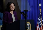 Acting U.S. Secretary of Labor Julie Su introduces U.S. President Joe Biden during a ceremony at the Department of Labor on December 16, 2024 in Washington, DC. Biden signed a proclamation to establish the Frances Perkins National Monument in Maine.