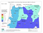 A map showing Oregon snowpack levels as of March 27, 2023.