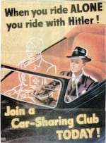 Illustrated by American painter Weimer Pursell, “When You Ride Alone, You Ride with Hitler” was a 1943 poster urging the public to conserve gasoline and tire rubber during World War II. The distinctive image – a man driving a top-down convertible with an outline of Adolf Hitler in the passenger seat – has been parodied several times over the years.