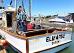 Dave Bitts and his boat Elmarue on May 28, 2024 at Woodley Island marina in Eureka, Calif.