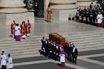 Pallbearers carry the coffin of late Pope Francis during the funeral ceremony in St Peter's Square.