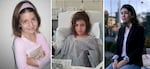 Three pictures of EJ Beck are shown. In the first on the left, a happy 8-year-old hugs a book. In the middle, she is in a hospital bed wearing a blue gown, brown hair disheveled. In the photo at right, she is a poised young woman sitting outside. 