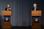 Republican state Sen. Christine Drazan, left, and Democratic Gov. Tina Kotek during the gubernatorial debate in Eugene, Ore. at the University of Oregon, on Thursday, Oct. 1, 2026.