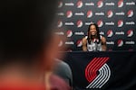 Ja Morant, Portland Trail Blazers point guard, speaks in a press conference at the Portland Trail Blazers Media Day at the Moda Center in Portland, Ore., on Sept. 28, 2026.