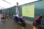 The entrance to the Clinton Triangle shelter in Southeast Portland on Feb. 27, 2024. Guests are allowed to park their cars and other transportation outside the shelter.