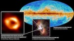 The supermassive black hole Sagittarius A* is seen at left, in polarized light. The center inset image shows polarized emission from the Milky Way's center, captured by SOFIA. The background image shows the Planck Collaboration's mapping of polarized emission from dust across the Milky Way.