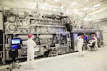 In this provided photo, Intel's High Numerical Aperture Extreme Ultraviolet lithography tool in Hillsboro, Ore., in April, 2024. The 165-ton tool is the first commercial lithography system of its kind in the world.