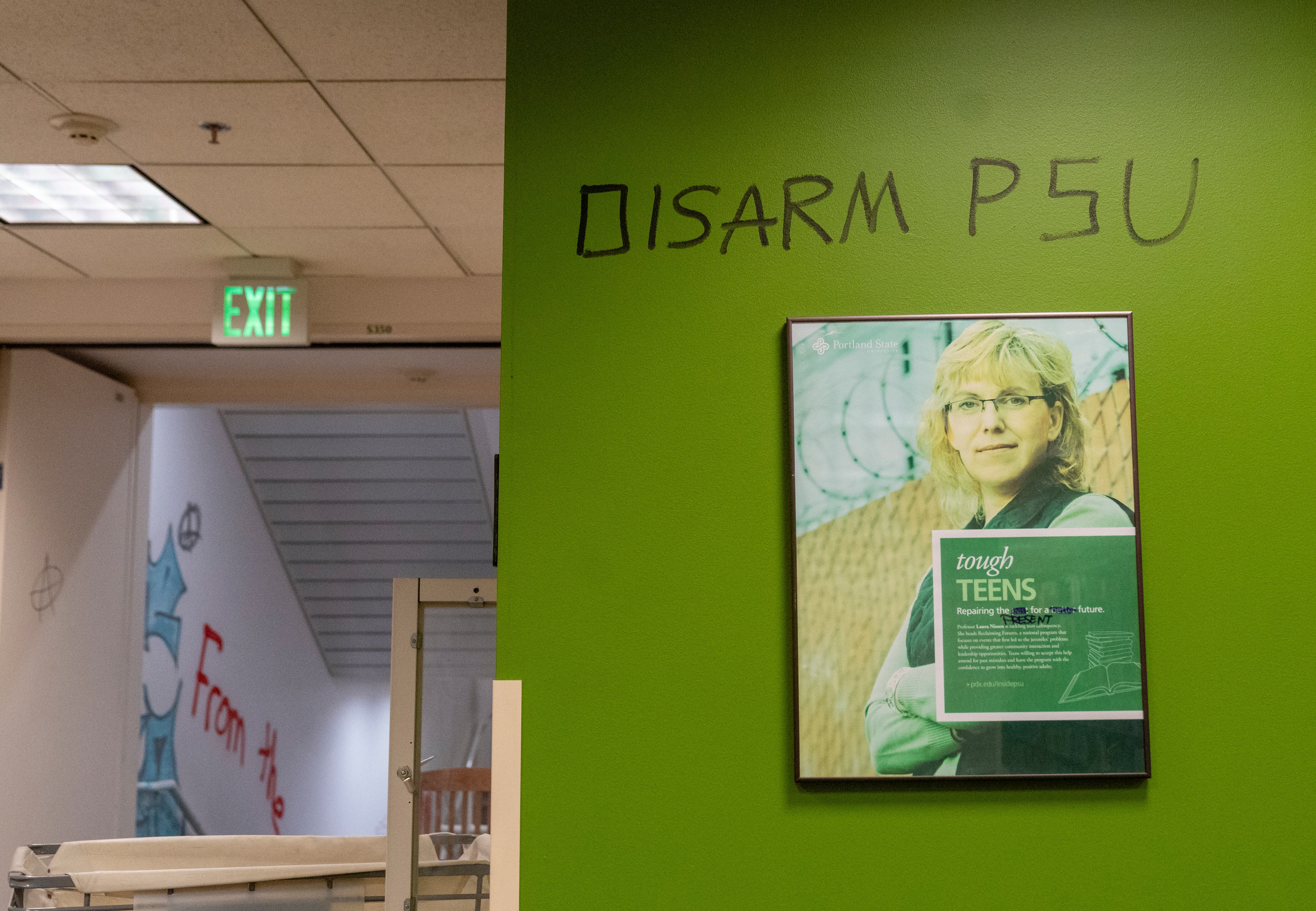 Inside the occupied Branford Price Millar Library at Portland State University.