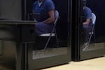 Detainees do a virtual visit with their attorneys or asylum officers during a media tour at the Port Isabel Detention Center hosted by U.S. Immigration and Customs Enforcement (ICE) Harlingen Enforcement and Removal Operations (ERO) on June 10, 2024 in Los Fresnos, Texas.