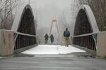 Snow began to fall on the Springwater Corridor in the Portland metro area, Tuesday, Feb. 20, 2018.