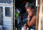 Michelle Hester, pictured at her trailer on Hunnell Road in Bend on July 13, 2023, is one of three plaintiffs in a lawsuit against the city of Bend. 