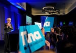 Tina Kotek takes the podium at the Democratic Party of Oregon’s election night event, held Nov. 8, 2022 at the Hyatt Regency Portland.