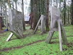 (left) "Untitled", 1984, and (center and right) "Kamiah and Koski", 1977, both in stainless steel, by Lee Kelly.