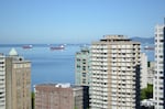 Shipping vessels fill the waters of Vancouver, British Columbia