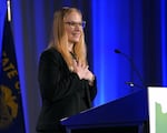 Christina Stephenson speaks after winning the Oregon Bureau of Labor & Industries commissioner position on Nov. 8, 2022, at the Democratic Party of Oregon’s election night event, at the Hyatt Regency Portland.