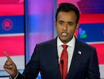 Republican presidential candidate businessman Vivek Ramaswamy speaks during a Republican presidential primary debate hosted by NBC News on Wednesday in Miami.