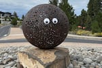 FILE - This image provided by the City of Bend, Ore., shows a pair of googly eyes placed on a public art sculpture in Bend. (City of Bend, Oregon, via AP, File)