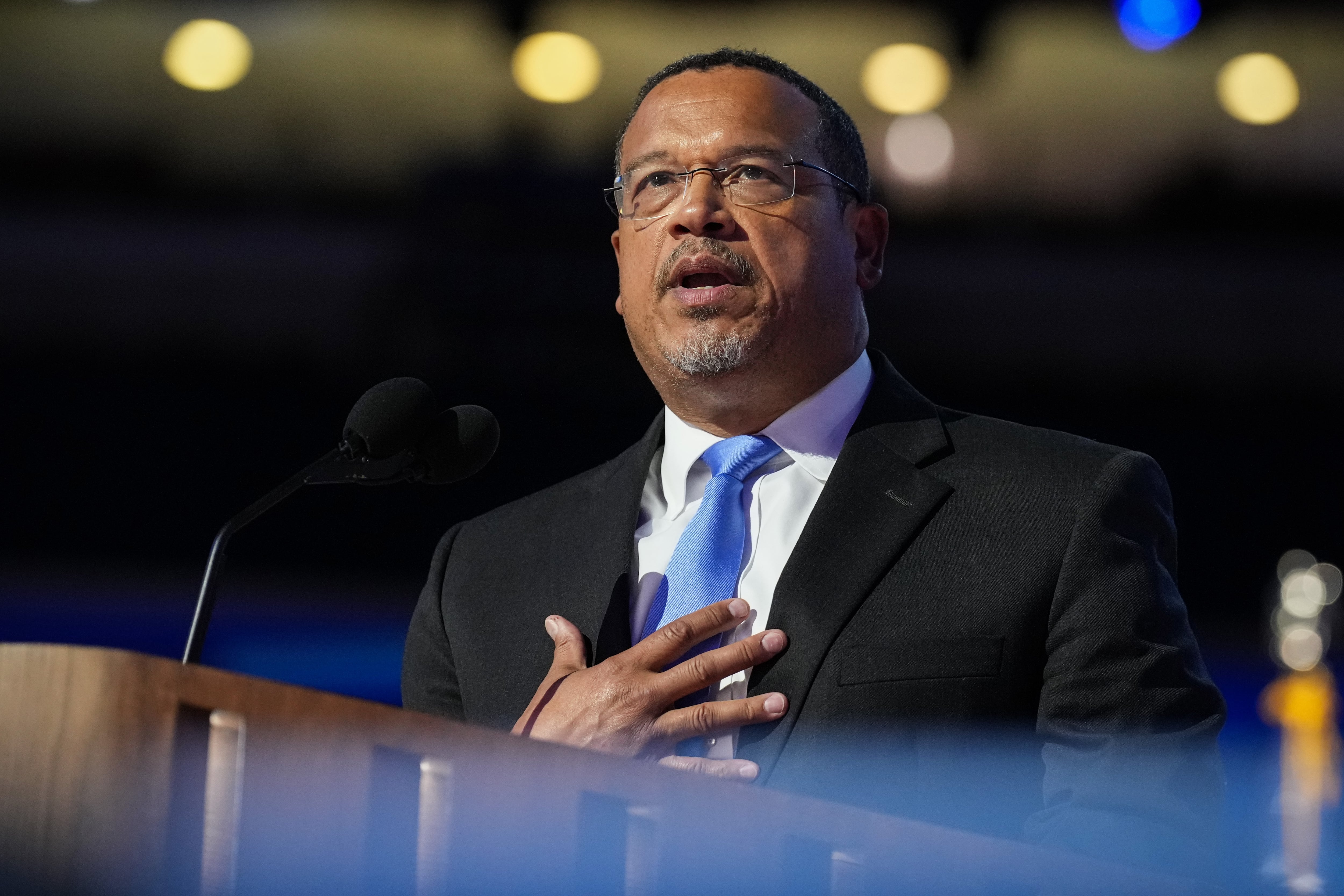 Minnesota Attorney General Keith Ellison speaks on stage during the third day of the Democratic National Convention at the United Center on August 21, 2024 in Chicago, Illinois.