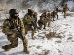 Ukrainian replacement troops go through combat training on Feb. 24 in the Donbas region of eastern Ukraine.